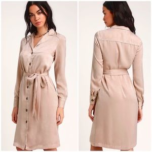 Lulu’s blush Satin Midi long sleeve shirt dress!